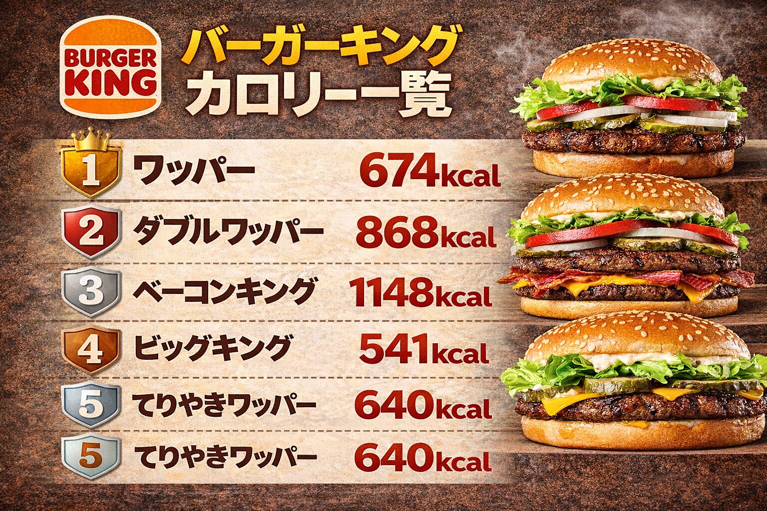 バーガーキングカロリー一覧